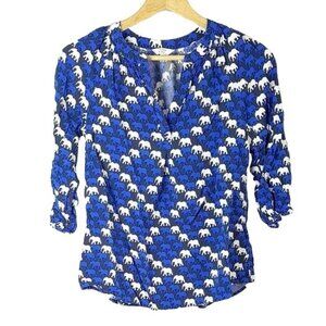 Crown & Ivy Womens Elephant Print Top Blue XS Blouse Long Sleeve Lightweight